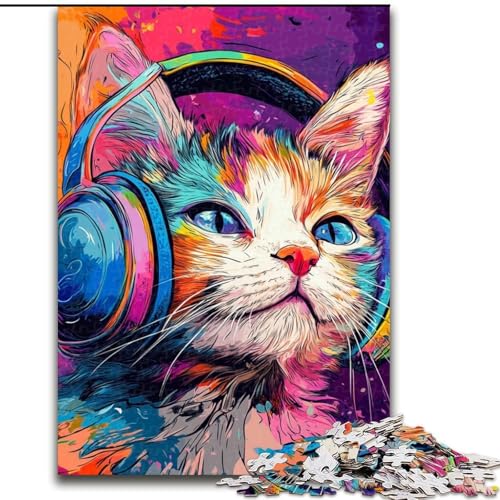 Puzzle 1000 Teile für Teenager Katze mit Kopfhörer für Alter 14 Jahre und älter Familienspiele Weihnachtsspiel Geschenke für Frauen 26x38cm von LYXIANY