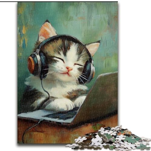 Puzzle Katze hört Musik 1000 Teile für Erwachsene, lustige Spiele, jedes Teil ist einzigartig – anspruchsvolles Familienspiel (26x38cm) von LYXIANY
