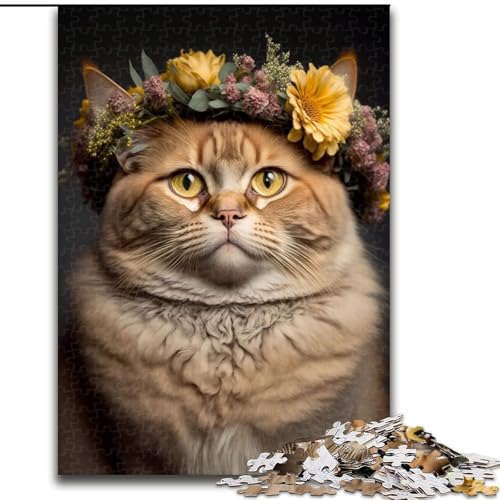 Puzzle Katze mit Blumenkrone, 1000 Teile, Puzzle für Erwachsene, perfekt für Familienfeiern, Geburtstage, Feiertage, Größe 38x26cm von LYXIANY