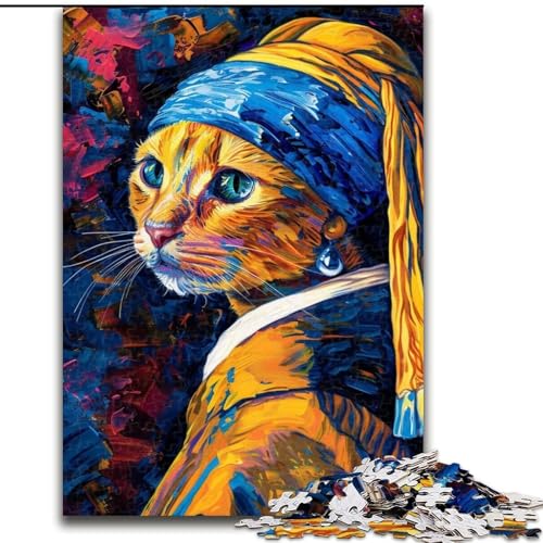 Puzzle Katze mit Perlenohrring für Erwachsene, 1000 Teile, Lernspiele, DIY-Spielzeug mit passendem Poster und Quizblatt, für Kinder ab 14 Jahren (26x38cm) von LYXIANY