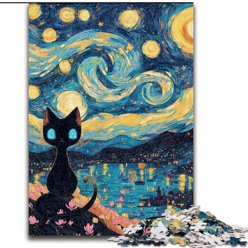 Puzzle Night Sky Black Cat für Teenager, 1000 Teile, Staycation-Zeitvertreib-Geburtstagsgeschenk, Geschenke, Wandkunst für 14+ (50x75cm) von LYXIANY