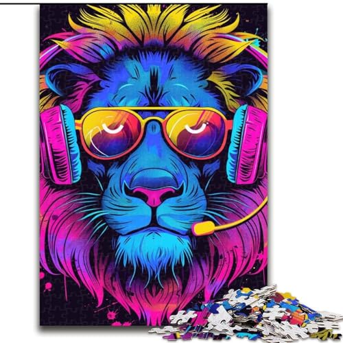 Puzzle für 1000 Teile, Löwe mit Kopfhörern und Sonnenbrille, Holzpuzzle für Erwachsene, Größe 50x75cm, anspruchsvolles Denkspiel – entspannendes Spielzeug für Teenager von LYXIANY