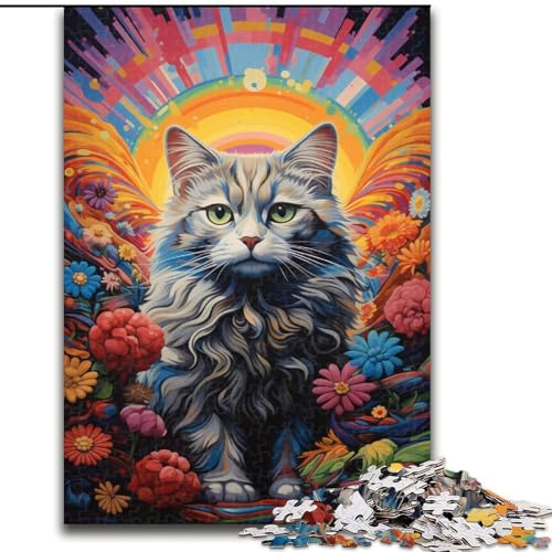 Puzzle für 1000 Teile Psychedelic Art Cat aus Holz, Puzzle für Erwachsene, Größe 50x75cm, anspruchsvolles Denkspiel – entspannendes Spielzeug für Teenager von LYXIANY