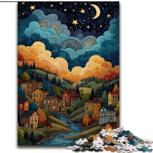 Puzzle für Erwachsene, 1000 Teile „Dorf unter dem Nachthimmel“, pädagogisches Denkspiel, künstlerische Heim- und Bürodekoration, ab 14 Jahren (Größe 50x75cm) von LYXIANY