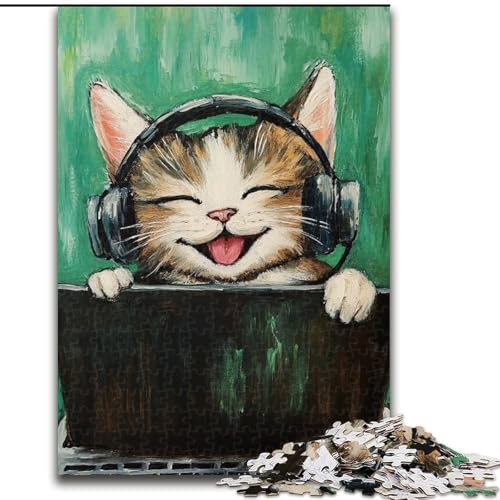 Puzzle für Erwachsene, 1000-teiliges Puzzle, Katze hört Musik, Lernspiele, Heimdekoration, geeignet für die Schreibtischdekoration (Größe 50x75cm) von LYXIANY