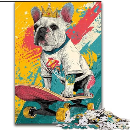 Puzzle für Erwachsene mit Skateboard Fahrender französischer Bulldogge, 1000 Teile, schwierig, geeignet für Kinder ab 14 Jahren, Wanddekoration, Weihnachts- und Geburtstagsgeschenk (26x38cm) von LYXIANY