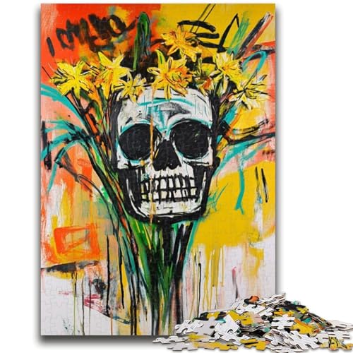 Puzzle für Erwachsene und Jugendliche, 1000 Teile, Blumen und Totenköpfe im Basquiat-Stil, zum Stressabbau, schwierige Herausforderung, ganze Familie, 26x38cm von LYXIANY