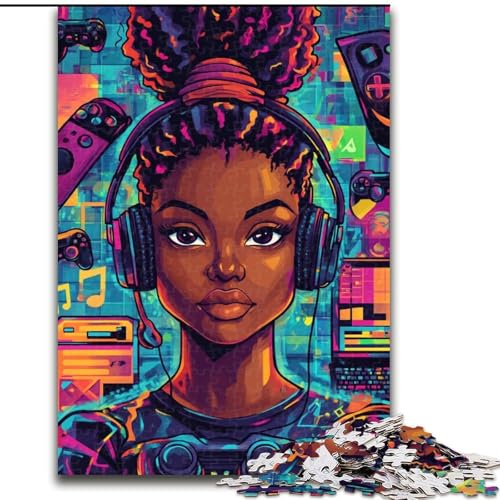 Puzzle für Teenager, 1000, schwarzes Mädchen hört Musik, dekomprimierendes intellektuelles Lernspielzeug, ganze Familie (Größe 50x75cm) von LYXIANY