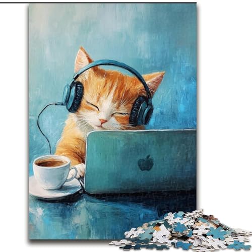 Puzzle für Teenager, 1000 Stück, Katze hört Musik, anspruchsvoll und schwierig mit vollständig ineinandergreifenden, zufällig geformten Teilen (Größe 26x38cm) von LYXIANY