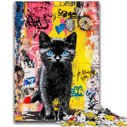 Puzzle für Teenager, 1000 Teile, Graffiti mit schwarzer Katze, Stressabbau, Zeitvertreib zu Hause, mit passendem Poster und Quizblatt, 50x75cm von LYXIANY