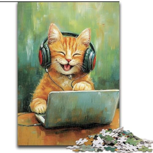 Puzzle für Teenager, 1000 Teile, Katze hört Musik, Dekomprimierendes, intellektuelles Lernspielzeug, perfekte Dekoration (Größe 26x38cm) von LYXIANY