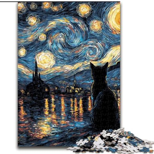 Puzzle für Teenager, 1000 Teile, Van Gogh, Nachthimmel, Schwarze Katze, Stressabbau, schwierige Herausforderung, Wichtelgeschenke für Kinder ab 14 Jahren (Größe 26x38cm) von LYXIANY