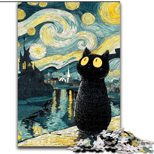 Puzzle für Teenager, 1000 Teile, Van Gogh, Nachthimmel, Schwarze Katze, für Alter 14+, anspruchsvoll zu vervollständigen, Aber lustig und humorvoll, tolle Geschenke und Spielzeuge (Größe 50x75cm) von LYXIANY