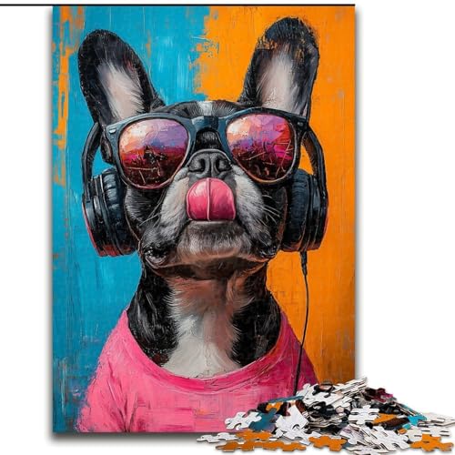 Puzzle für Teenager, 1000-teiliges Puzzle, Bulldogge hört Musik, Spielzeug, Lernspiele, stressabbauende Wanddekoration (Größe 26x38cm) von LYXIANY
