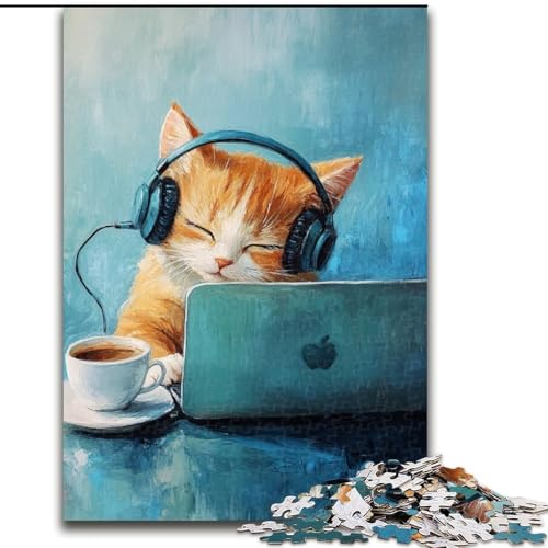 Puzzle für Teenager mit 1000 Teilen, Katze hört Musik, hilft dem Gehirn beim Trainieren, süchtig machendes Spielzeug, um Geduld zu fördern, perfekte Dekoration (Größe 50x75cm) von LYXIANY