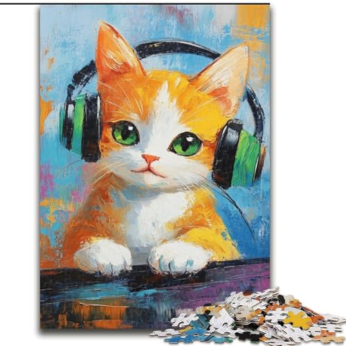 Puzzle für Teenager mit 1000 Teilen, Katze hört Musik, lustige Spiele, Wanddekoration, einzigartige Geburtstags (50x75cm) von LYXIANY