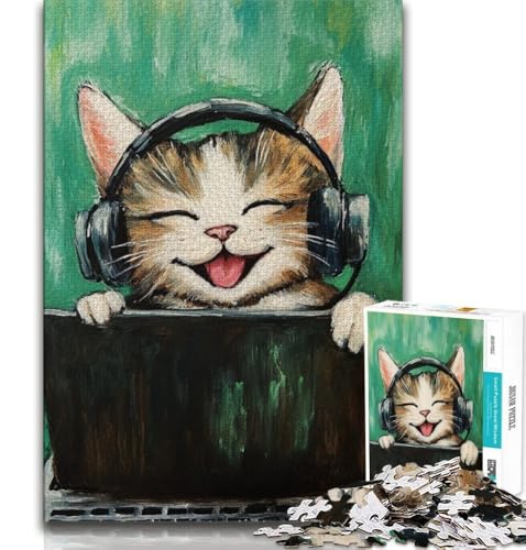 Puzzle mit 1000 Teilen Katze hört Musik für Erwachsene und Jugendliche, zum Zeitvertreib zu Hause mit vollständig ineinandergreifenden, zufällig geformten Teilen (50x75cm) von LYXIANY