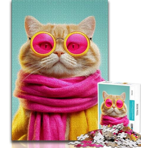 Puzzle mit 1000 Teilen Katze mit Schal für Teenager, Denkspiel, Wanddekoration, einzigartige Geburtstags (38x26cm) von LYXIANY