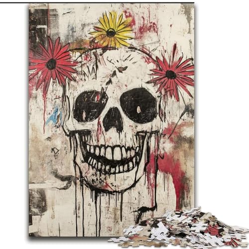 Puzzle mit 1000 Teilen für Erwachsene, Blumen- und Totenkopf-Puzzle im Basquiat-Stil, anspruchsvolles Denkspiel, Familienaktivität, Heimdekoration, (Größe 26x38cm) von LYXIANY