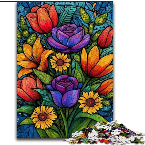 Puzzle mit 1000 Teilen für Erwachsene, Buntglasblumen-Puzzle, Denkspiel für Teenager, Familienspieleabend (Größe 50x75cm) von LYXIANY