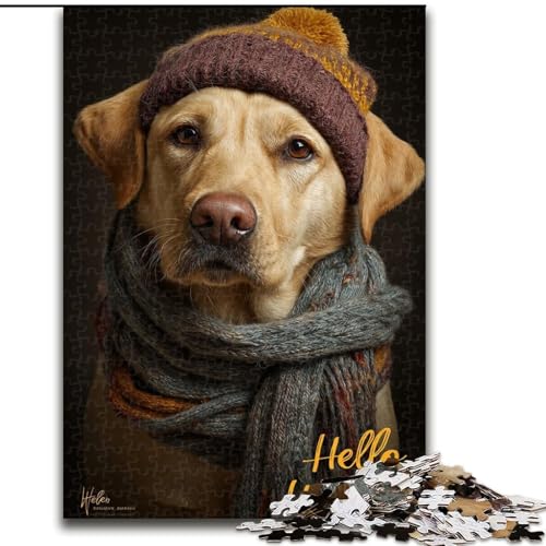 Puzzle mit 1000 Teilen für Erwachsene, Golden Retriever mit Hut, anspruchsvolles Denkspiel, Familienaktivität, Heimdekoration, (Größe 26x38cm) von LYXIANY