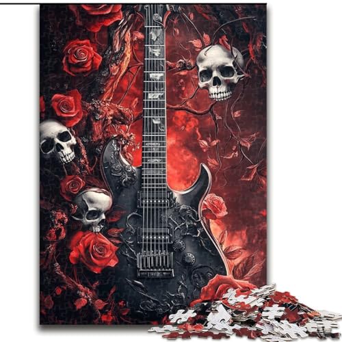 Puzzle mit 1000 Teilen für Erwachsene, Totenkopf-Rose-Gitarren-Puzzle aus Holz, anspruchsvolles Denkspiel für Teenager, perfekt als Heimdekoration oder Geschenk, Größe 50x75cm von LYXIANY