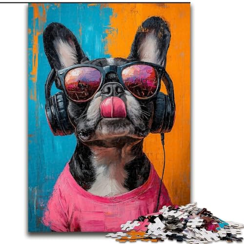 Puzzle mit 1000 Teilen für Teenager, Bulldogge hört Musik, Stressabbau, schwierige Herausforderung, Wichtelgeschenke für Kinder ab 14 Jahren (Größe 50x75cm) von LYXIANY