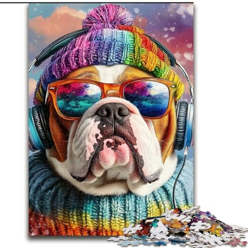Puzzle mit 1000 Teilen für Teenager, Geschenke, Bulldogge hört Musik, herausfordernd und schwierig mit vollständig ineinandergreifenden, zufällig geformten Teilen (Größe 26x38cm) von LYXIANY