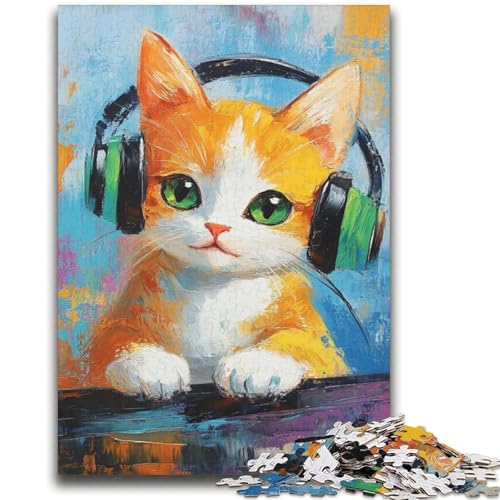 Puzzle mit 1000 Teilen für Teenager, Katze hört Musik, Stressabbau, schwierige Herausforderung, einzigartige Heimdekoration und Geschenke (38x52cm) von LYXIANY