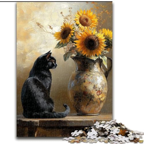 Puzzle mit 1000 Teilen für Teenager, Sonnenblume und Schwarze Katze, Elefantenspielzeug, Denkspiel, Geburtstagsgeschenk, Geschenke, Wandkunst für Kinder ab 14 Jahren (Größe 50x75cm) von LYXIANY