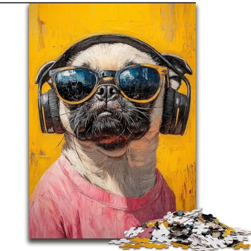 Puzzles für Teenager, 1000-teiliges Puzzle, Mops, Musik hören, Lernspielzeug, Familienspiele, einzigartige Geburtstags- und Geschenkideen (Größe 26x38cm) von LYXIANY