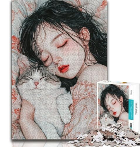 Schlafendes Mädchen und Katze, 1000-teiliges Puzzle für Erwachsene und Jugendliche, dekomprimierendes intellektuelles Lernspielzeug, perfekte Dekoration (38x26cm) von LYXIANY