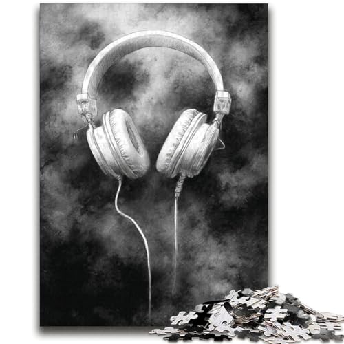 Schwarz-weiße Kopfhörer-Puzzles mit 1000 Teilen für Teenager, Stressabbau, schwierige Herausforderung, gutes Geschenk für die ganze Familie (38x52cm) von LYXIANY