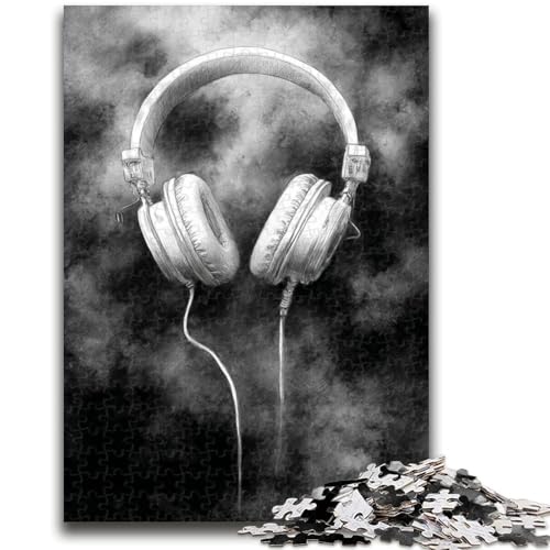 Schwarz-weißes Kopfhörer-Puzzle mit 1000 Teilen für Teenager, Stressabbau, schwierige Herausforderung, gutes Geschenk für die ganze Familie (38x26cm) von LYXIANY