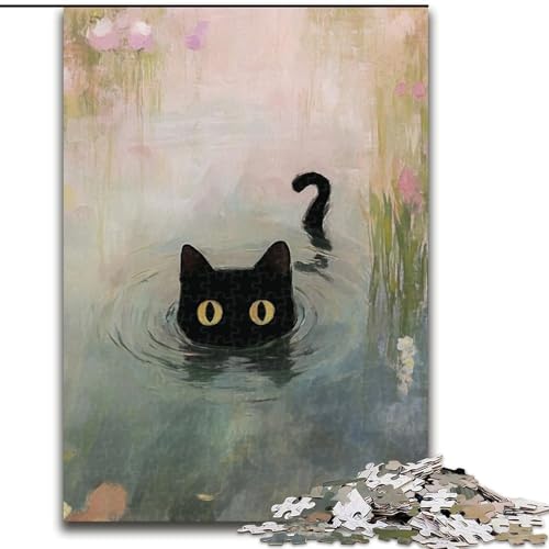 Schwarze Katze am Teich, Puzzle für Teenager, 1000 Teile, hilft dem Gehirn, süchtig machendes Spielzeug zu trainieren, um Geduld zu fördern, perfekte Dekoration (Größe 26x38cm) von LYXIANY