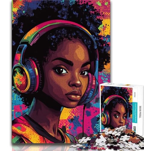 Schwarzes Mädchen hört Musik, 1000-teiliges Puzzle für Erwachsene und Jugendliche, Spielspielzeug, jedes Teil ist einzigartig – anspruchsvolles Familienspiel (50x75cm) von LYXIANY