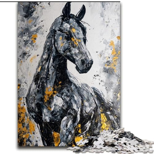 Schwarzes goldenes Pferd, Puzzle für Erwachsene, 1000 Teile, Lernspielzeug, Familienspiele mit passendem Poster und Quizblatt (50x75cm) von LYXIANY