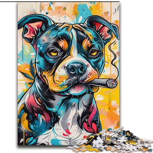 Staffordshire Bullterrier Raucher-Puzzle für Teenager, 1000 Teile, Familienaktivität mit passendem Poster und Quizblatt für Kinder ab 14 Jahren (26x38cm) von LYXIANY