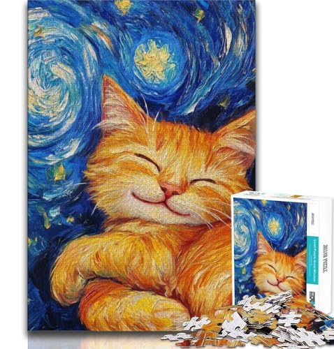 Sternenhimmel-Puzzle mit orangefarbener Katze für Teenager, 1000 Teile, anspruchsvoll zu vervollständigen, Aber lustig und humorvoll, mit passendem Poster und Quizblatt (38x26cm) von LYXIANY