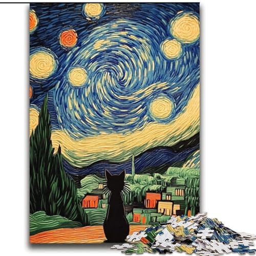 Van Gogh Nachthimmel-Katzen-Puzzle für Erwachsene und Teenager, anspruchsvolles und schwieriges Puzzle als Geschenk für die ganze Familie (70x100cm) von LYXIANY