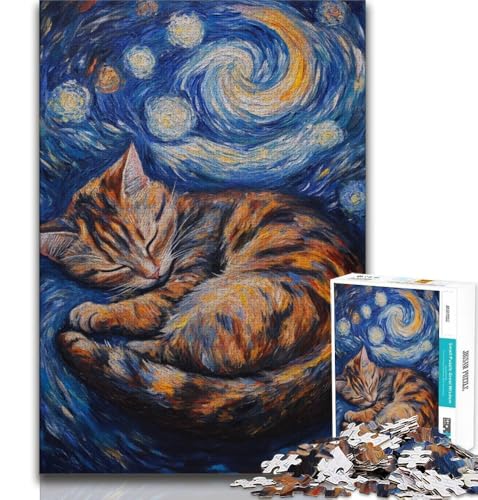 Van Gogh Nachthimmel Schwarze Katze 1000-teiliges Puzzle für Erwachsene und Jugendliche, Quizspiel, Wanddekoration, einzigartige Geburtstags, 38x26cm von LYXIANY