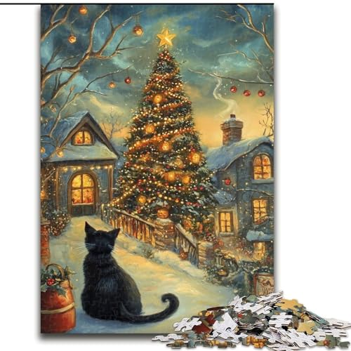 Weihnachts-Puzzle mit schwarzer Katze, 1000 Teile, Lernspielzeug, Familienspiele, geeignet als Schreibtischdekoration (26x38cm) von LYXIANY
