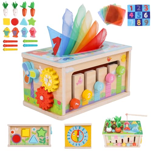 LZDMY Montessori Spielzeug Baby ab 6 Monate, 6-in-1 Tücherbox mit Knistertuch, Motorikwürfel Holzspielzeug 6-12 Monate Jungen Mädchen, Motorikspielzeug für Kinder 1-3, Baby Geschenk von LZDMY