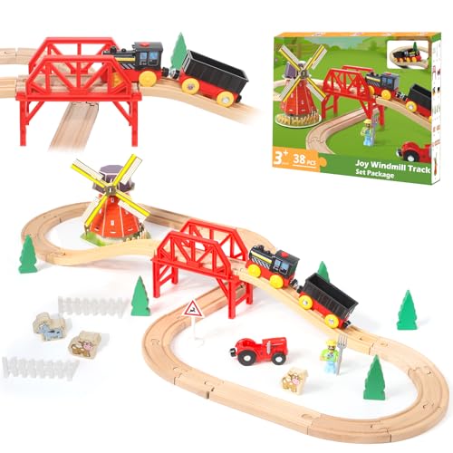 LZDMY Holzeisenbahn Set Zug Kinder, 38 Stück Elektrische Eisenbahn aus Holz Kompatibel mit Brio- Holzschienen, Holzzug Spielzeug für 3 4 5 6 Jahre alt Spielzeugeisenbahn Geschenk für Junge & Mädchen von LZDMY