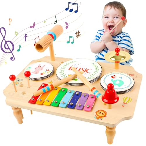 LZDMY Schlagzeug Kinder, 11-in-1 Trommel Musikinstrumente für Kinder ab 1 2 3 Jahr mit Xylophon, Kinderspielzeug Holzspielzeug für Ostern Weihnacht Geschenk Junge Mädchen von LZDMY