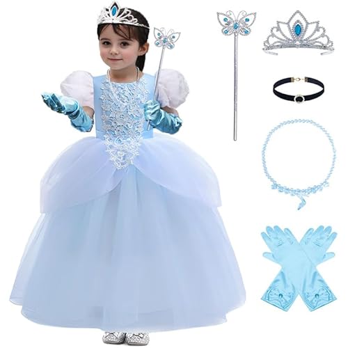 LZH Cinderella Kleid für Mädchen Blau Fancy Dress Up Kid Cinderella Kostüme Halloween Karneval mit Prinzessin Krone Zubehör von LZH