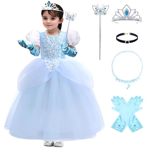 LZH Cinderella Kleid für Mädchen Blau Fancy Dress Up Kid Cinderella Kostüme Halloween Karneval mit Prinzessin Krone Zubehör von LZH