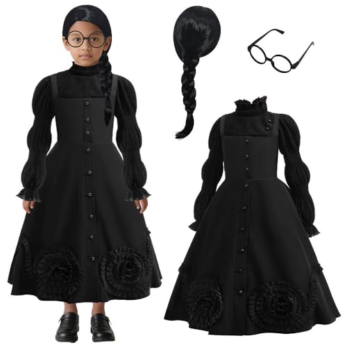 LZH Mädchen Böse Hexe Kostüm, Schwarz Deluxe Hexe Prinzessin Kleid Kinder Halloween Party Film Cosplay Outfits mit Perücken Brille 4-12Y von LZH