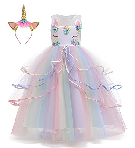 LZH Mädchen Einhorn Blumenkleid Kostüm Cosplay Prinzessin Geburtstagsfeier Kleider, 6-7 Jahre, 026-Weiß,120 von LZH
