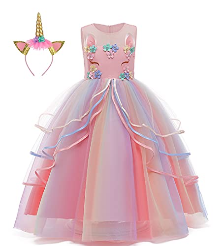 LZH Mädchen Einhorn Blumenkleid Kostüm Cosplay Prinzessin Geburtstagsfeier Kleider, 8-9 Jahre, 025-Baby Pink,130 von LZH
